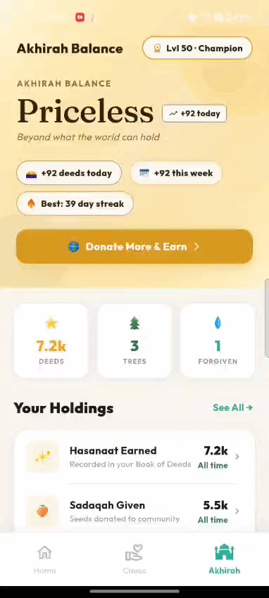Akhirah balance and donation rewards in the Sabiq app